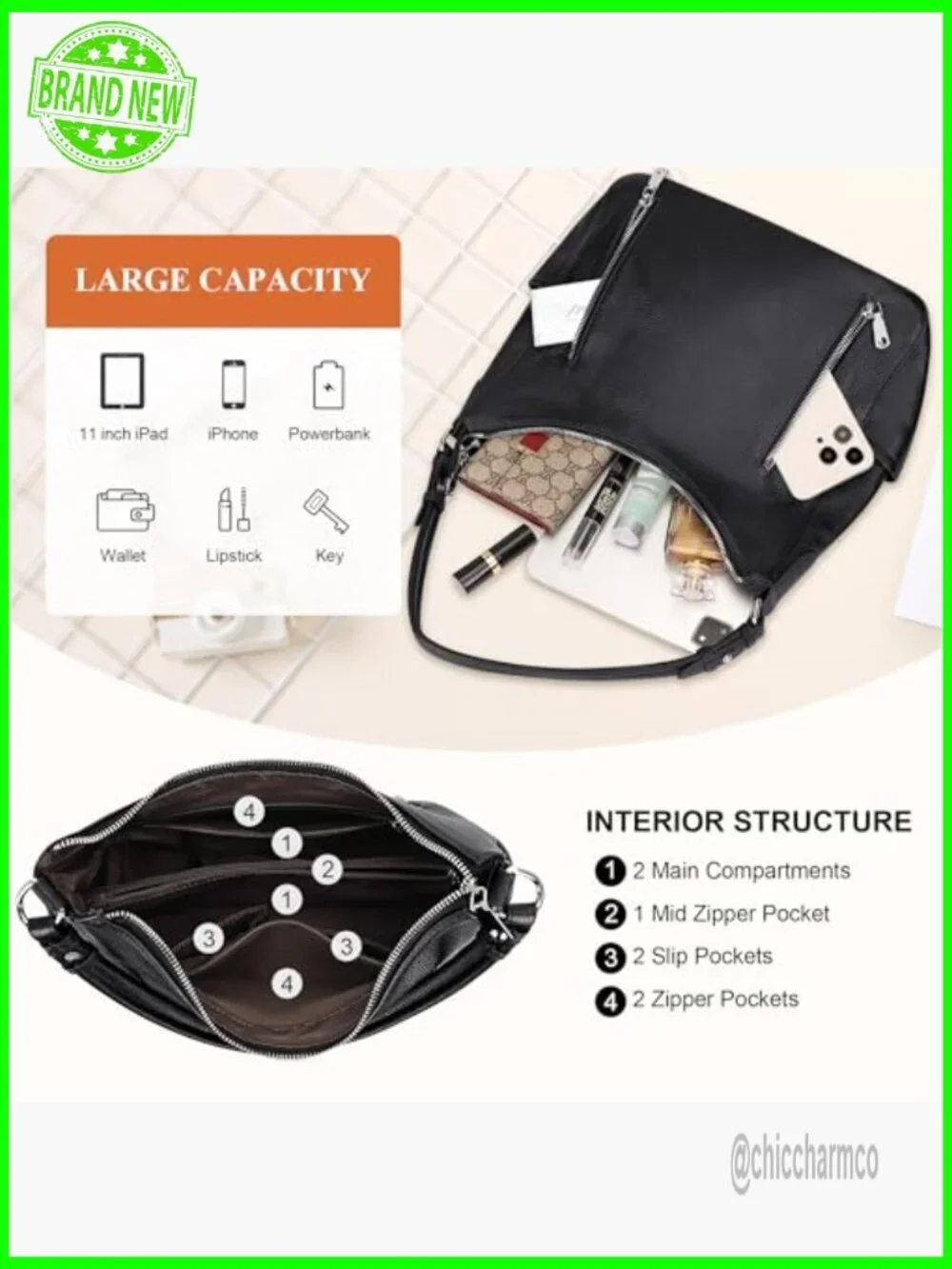 Genuine Leather Hobo Shoulder Bag Crossbody Medium Size 12x11 Inches